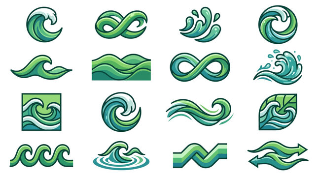 Green abstract water waves and flow symbols set featuring loops and natural curves.