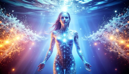 Fototapeta premium Majestic glowing woman floating underwater with outstretched hands surrounded by divine light rays and golden sparks