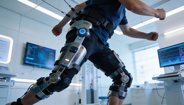 Man testing robotic exoskeleton in modern laboratory setting.