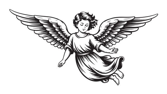 Angelic cherub flying with large feathery wings, black and white vector illustration, classic engraving style, detailed religious graphic design art.