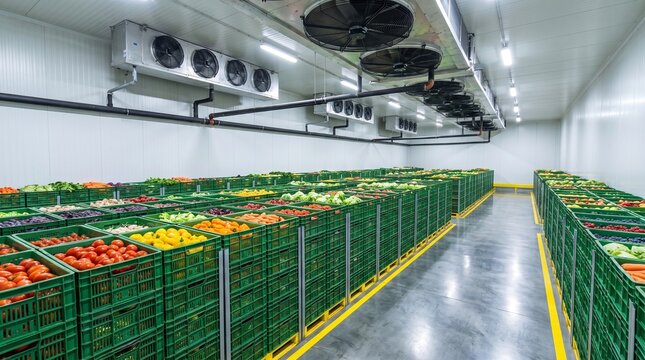 Fresh vegetables stored in industrial cold storage warehouse crates