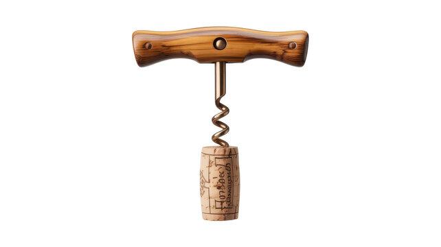 Wooden handle corkscrew tool with a metal spiral worm, shown with a natural wine cork attached, isolated on a white background, for barware
