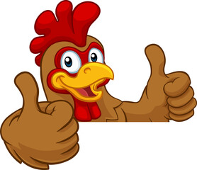 A chicken rooster cockerel bird cartoon character peeking over a sign and giving a double thumbs up © Christos Georghiou