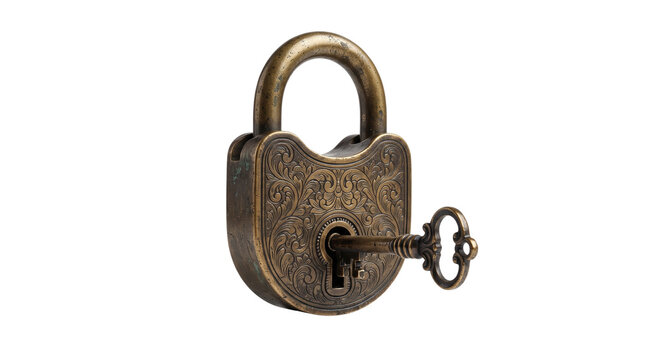 Vintage brass padlock with skeleton key, antique ornate metal lock for security, rustic bronze hardware for mystery and protection isolated PNG with Transparent Background