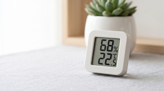 Digital humidity meter displaying temperature and humidity in modern home setting. Humidity meter  surrounded by a decorative plant.