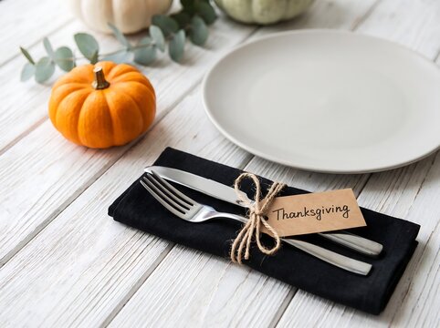 Thanksgiving table setting with pumpkin and utensils on a white wooden table