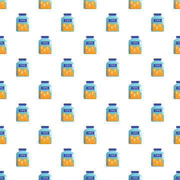 Tip jars filled with dollar coins creating a seamless pattern on white background