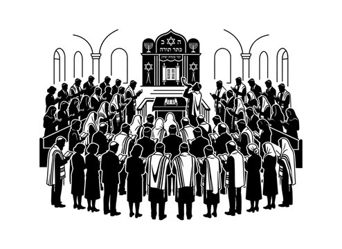 Group of jewish people praying in a synagogue interior during religious service black and white silhouette illustration Vector