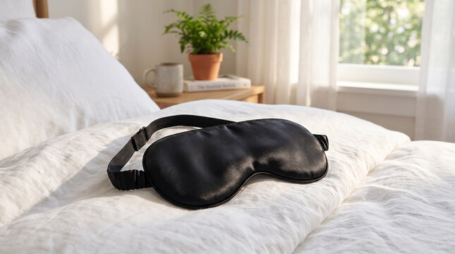 Smooth black silk eye mask rests on white duvet on cozy bed near window. Padded silk eye mask ensures night comfort and deep rest. Elegant silk eye mask concept for healthy lifestyle blog post.