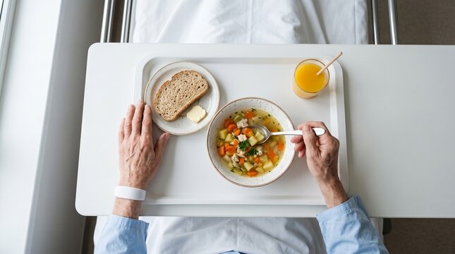 Elderly patient eating healthy vegetable soup from a hospital tray in a medical facility.