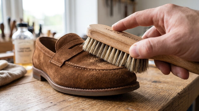Traditional shoe care with horsehair brush on brown suede loafers. Shoe care involves cleaning soft texture with specialized tools on wooden workbench. Concept shoe care for men style tutorials.