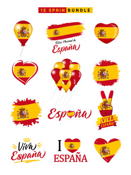 Spain bundle design with flags, hearts and typography. Translation - Long live Spain! Creative spain vector emblems template with balloons and Victory hand sign