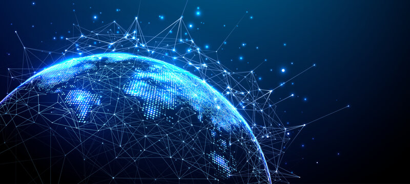 Global network visualization with connected dots and polygons forming a digital world map. Futuristic tech background with glowing lines and data points on blue globe. Technology vector illustration.