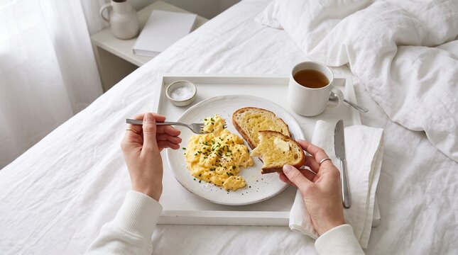 Person eating scrambled eggs and toast for breakfast in bed on a white tray