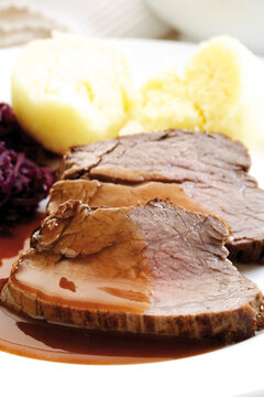 Roast beef with side dishes, close-up