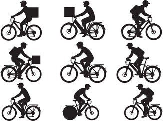 Naklejka premium Delivery people cycling silhouettes isolated on white background depicting various riders