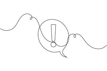 Obraz premium Caution danger exclamation mark in speech bubble frame sign continuous one line drawing on white background minimalist single art alert and warning chat symbol editable outline vector illustration