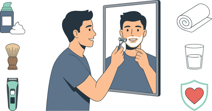Man Shaving Beard in Front of Mirror Illustration Featuring Personal Grooming, Facial Care, Razor, Shaving Cream, and Daily Hygiene Routine