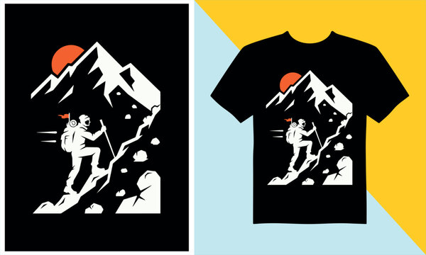 Mountain climber illustration for t-shirt design with hiking man silhouette trekking on rocky cliff at sunset.