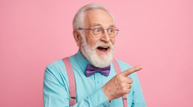 Excited senior man pointing forward with a joyful expression celebrating black friday deals and savings on products offering incredible opportunities for customers to shop