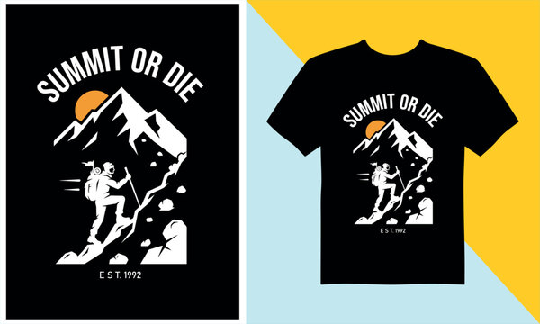A black t-shirt with a striking white graphic depicting a mountain climber and the phrase summit or die.