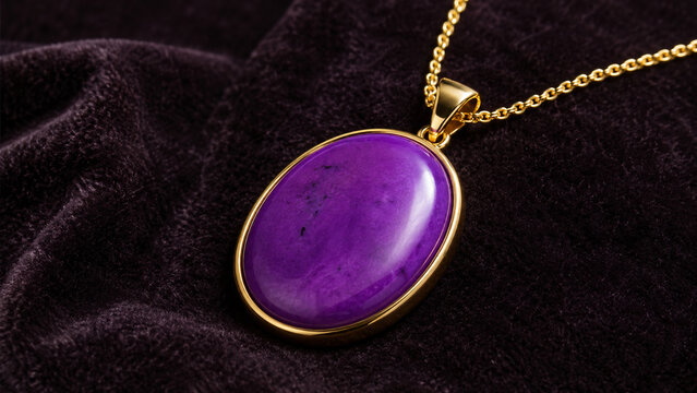 Gold Sugilite Pendant on Dark Velvet with Vivid Purple Polished Cabochon