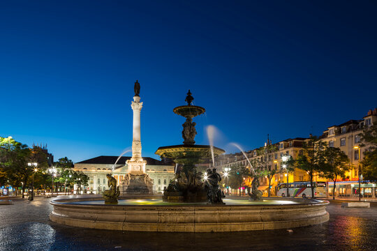 Portugal, Lisbon, Statue of King Pedro IV and Rossio Square in background