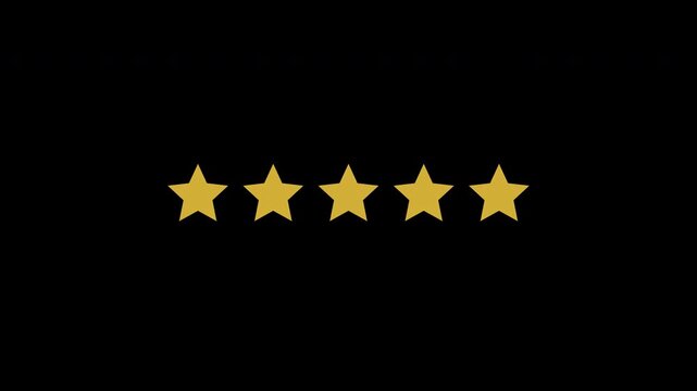 Customer review star rating animation with five gold stars isolated on alpha channel background