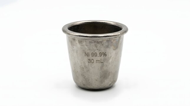 Shiny nickel crucible labeled 99.9 percent 30 ml laboratory metal cup.