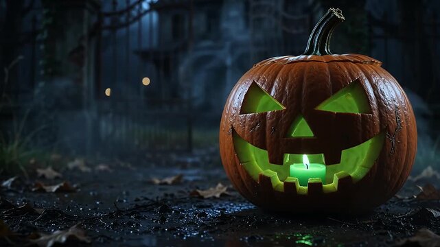 Halloween jack o lantern glowing with green candle in spooky dark night forest graveyard