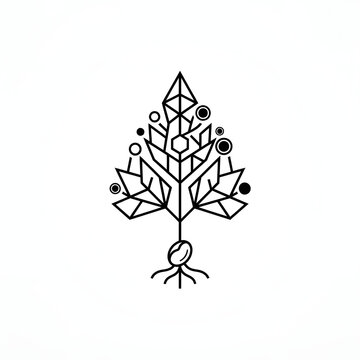 Geometric minimalist line art coffee tree icon showing seed roots and leaves on white background