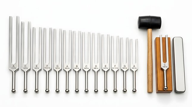 Set of stainless steel musical tuning forks with black rubber mallet for acoustic testing.