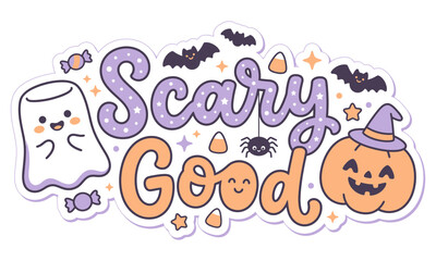 Fototapeta premium Cute Kawaii Halloween Sticker Featuring Ghost Pumpkin Spider Bat And Festive Text