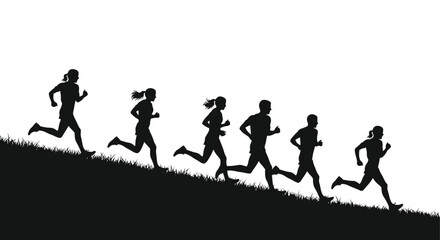 Fototapeta premium Silhouettes of six runners stride across a grassy hill against a white background athletes competition exercise fitness jogging