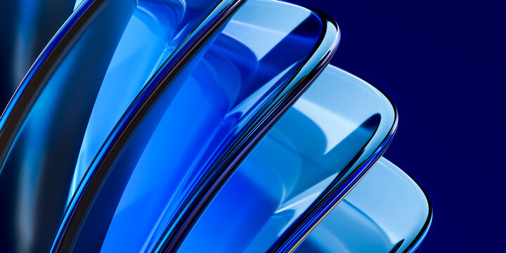 A blue glass shape reflects light in a modern 3D rendering
