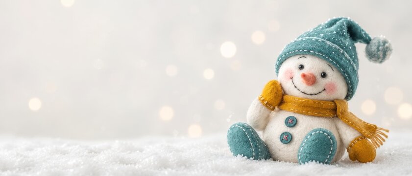 Adorable handmade felt snowman wearing a knitted hat and scarf, set against a snowy Christmas scene with festive lights and a text banner.