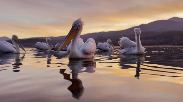 Beautiful Dalmatian pelican staying on water at a beautiful and colorful sunset. Lake Kerkini, Greece.