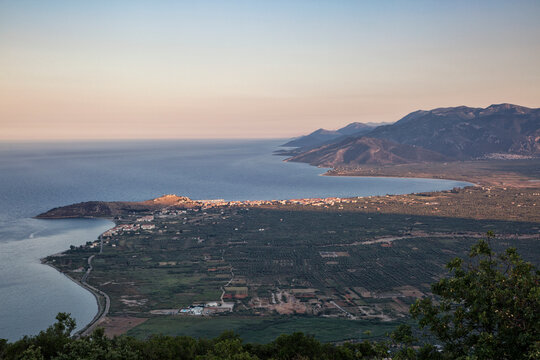 Greece, Peloponnese, Arcadia, Paralia Astros, View to Paralia Astros and fertile plain of Astros in the evening