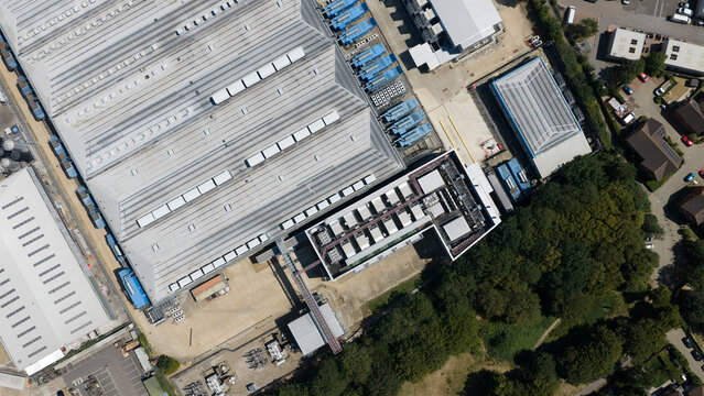 Aerial drone view shows a modern data center and AI infrastructure