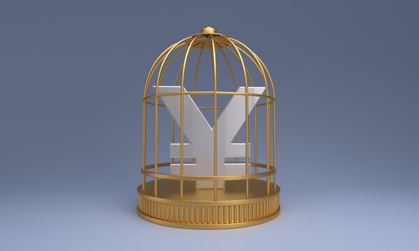A white yen symbol sits trapped inside a golden birdcage