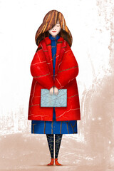 Illustrated girl in red coat holds a gift while waiting coyly
