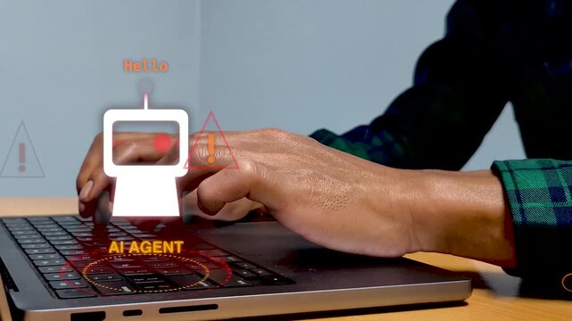 AI agent robot cybersecurity concept with phishing and hacking alert, red security warning, laptop activity, and digital protocol for online protection and threat detection cyber threat.