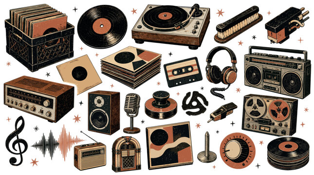 Various vintage music equipment and audio devices are arranged in a retro-style pattern on a clean white background