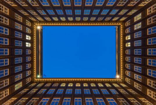 Germany, Hamburg, View from below from courtyard of Chile house