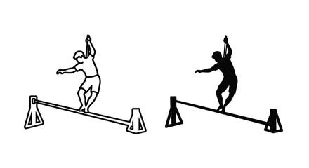 Fototapeta premium A tightrope walker balances on a rope supported by pylons a black and white silhouette acrobat aerialist balance