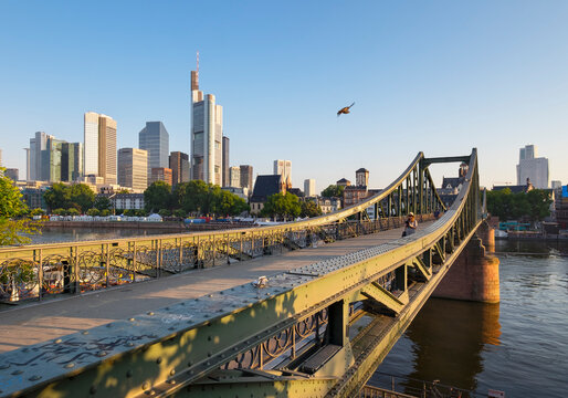 Germany, Hesse, Frankfurt, Financial district, Eiserner Steg bridge, Main river in the morning