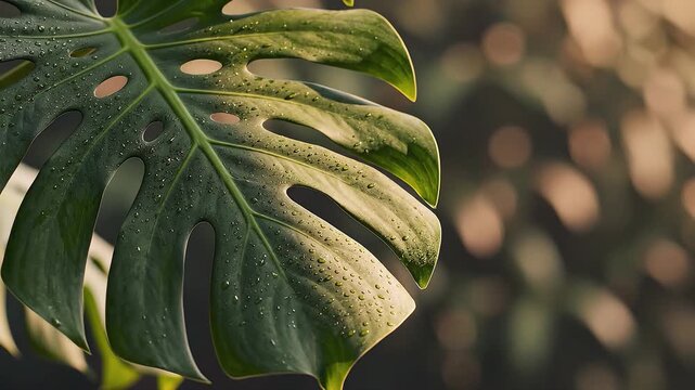 Monstera Leaf Detail: Close-up of a lush green Monstera leaf, showcasing its unique fenestrations and delicate water droplets. Soft, bokeh background with warm sunlight filtering through.