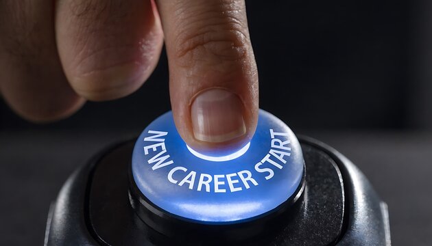 Finger pressing illuminated "new career start" button