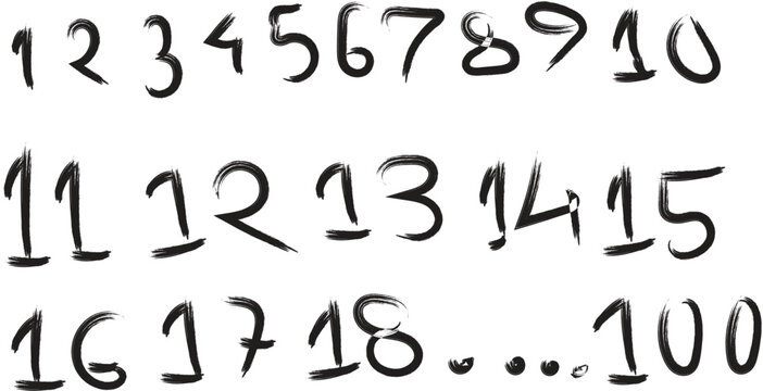 Handwritten numbers from one to one hundred in a casual brush stroke style on a white background