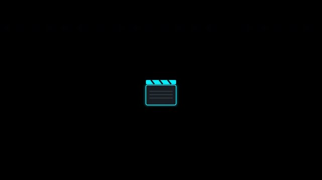 Cyan neon clapperboards snapping and flashing with alpha channel for movie production overlay